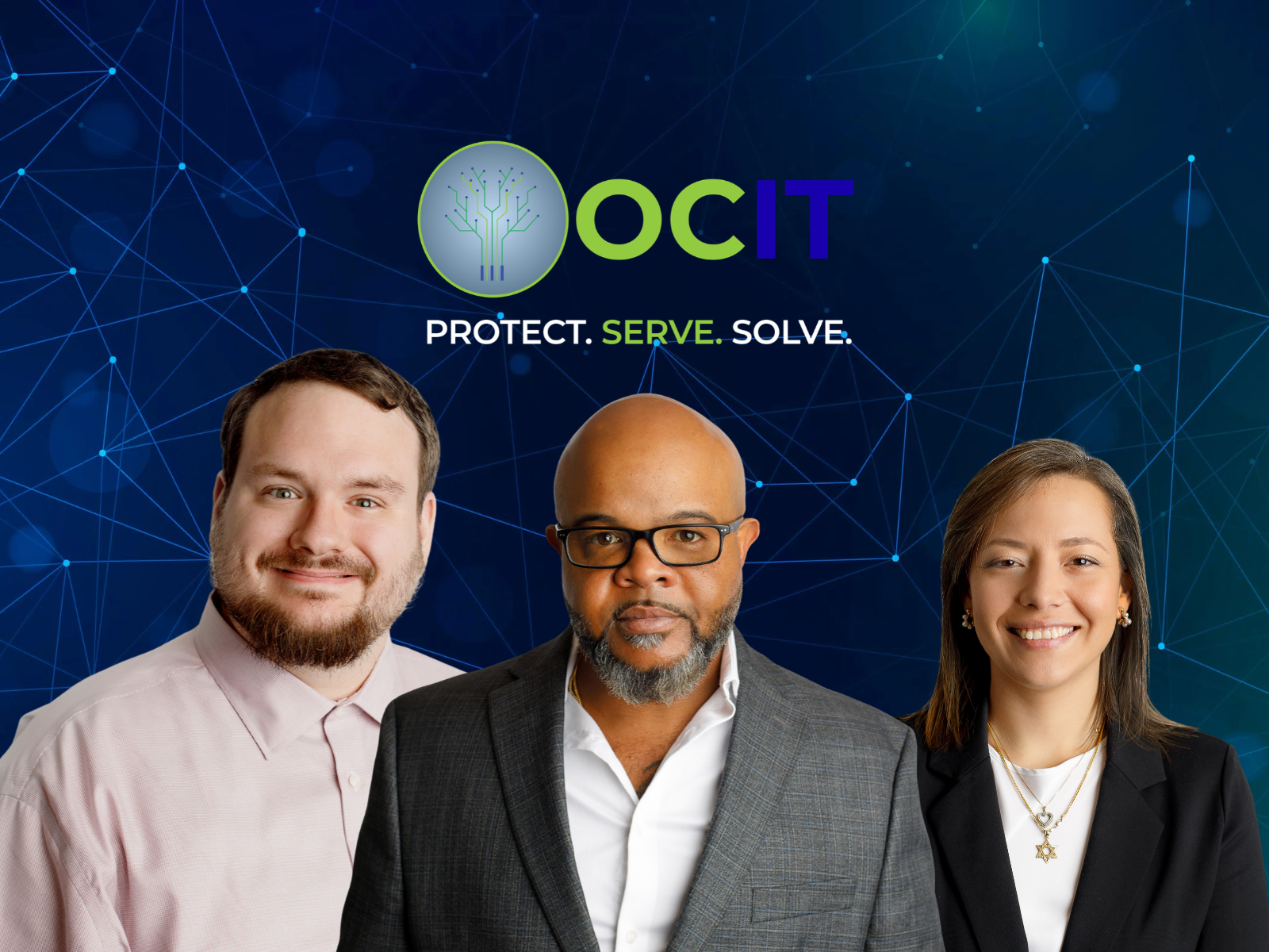 Three OneconnectionIT team members below the company logo and tagline